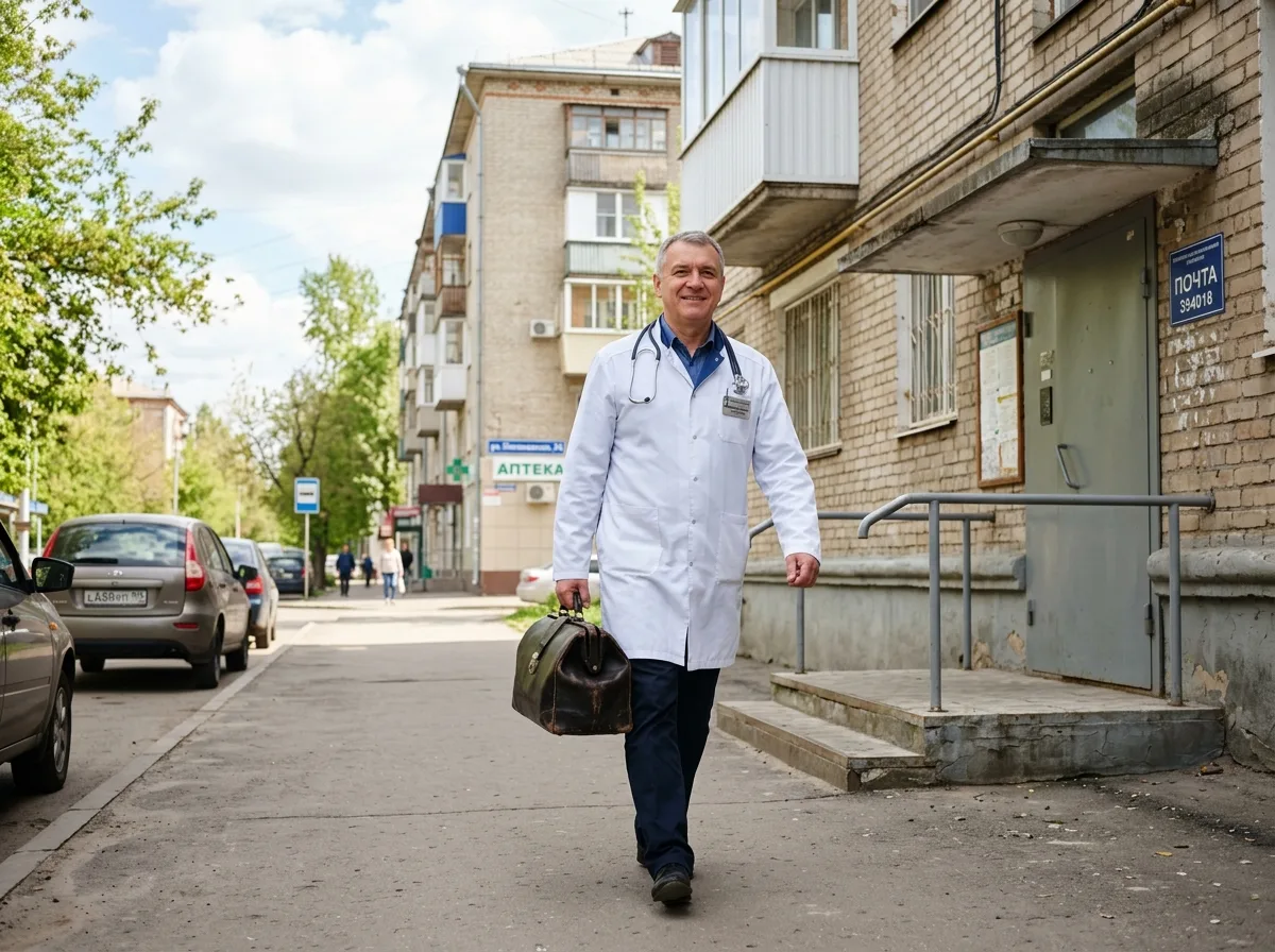 Врач-нарколог в белом халате выезжает на вызов на дом в Воронеже, держит медицинский саквояж, уверенный профессиональный вид, светлый фон