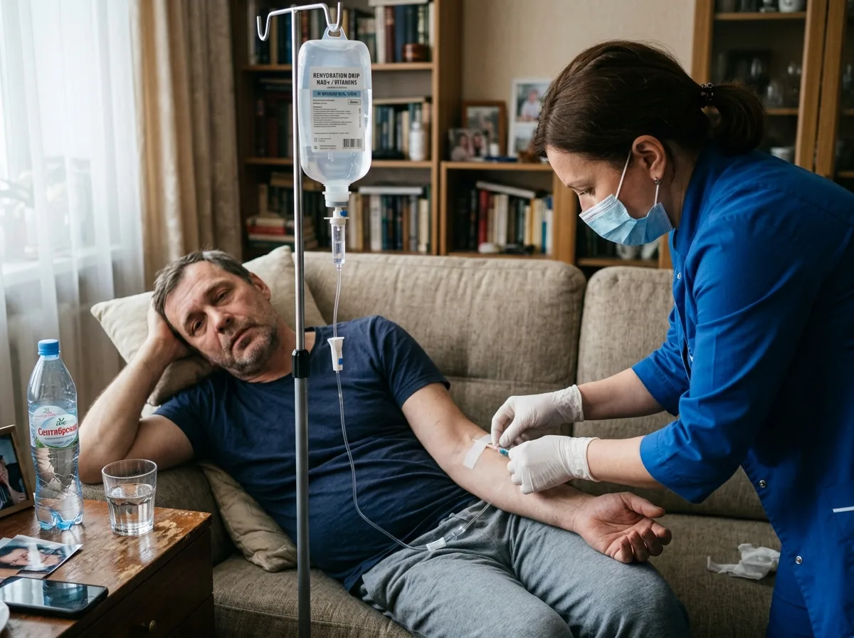 Медицинская капельница от похмелья ставится пациенту на дому, внутривенный раствор, руки врача в перчатках, домашняя обстановка